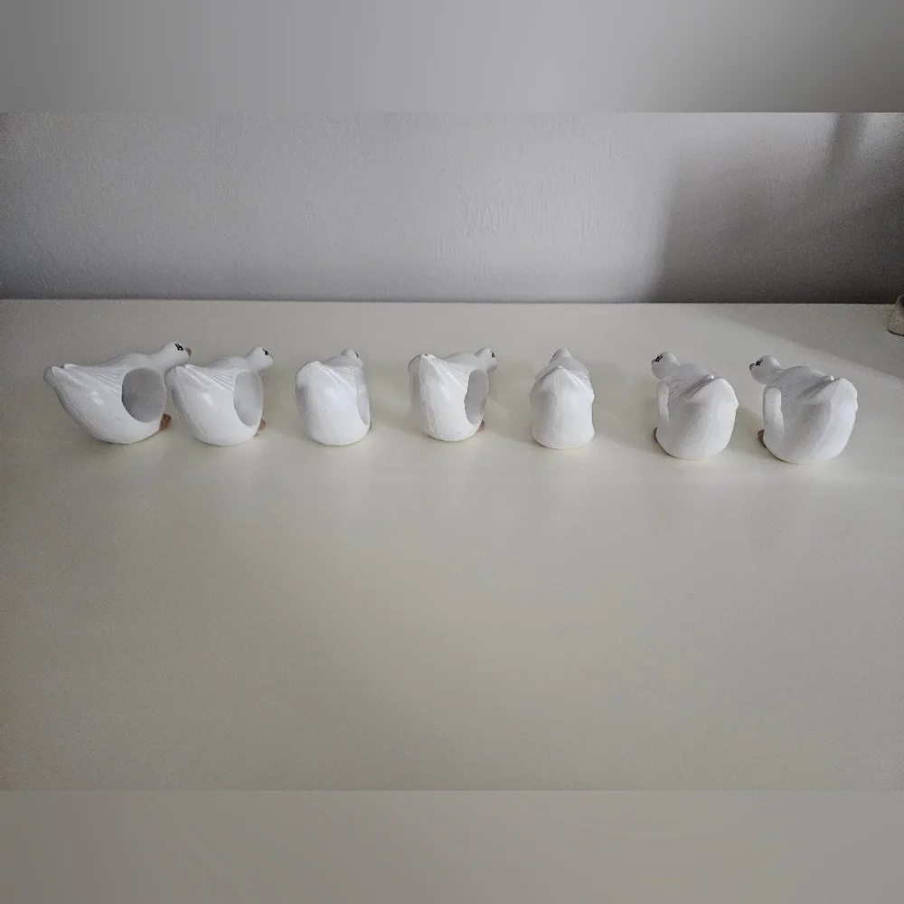 White Hand Painted Ceramic Goose Napkin Rings x 7